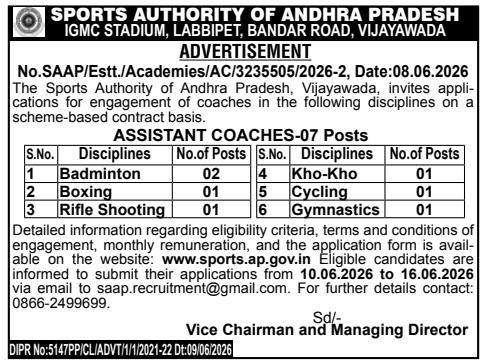 SAAP Assistant Coach Recruitment 2026 – Apply for 07 Posts
