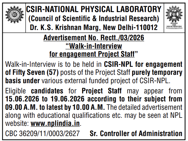 CSIR NPL Project Staff Recruitment 2026 – Walk-in-Interview for 57 Posts