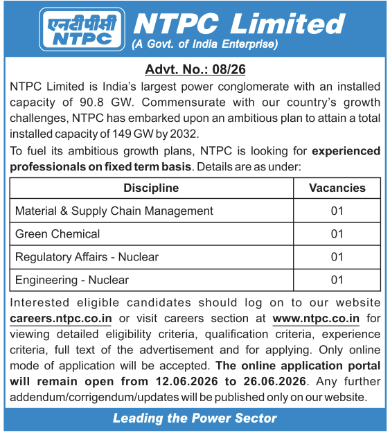 NTPC Advt No 08/2026 – Apply Online for 04 Executive Posts